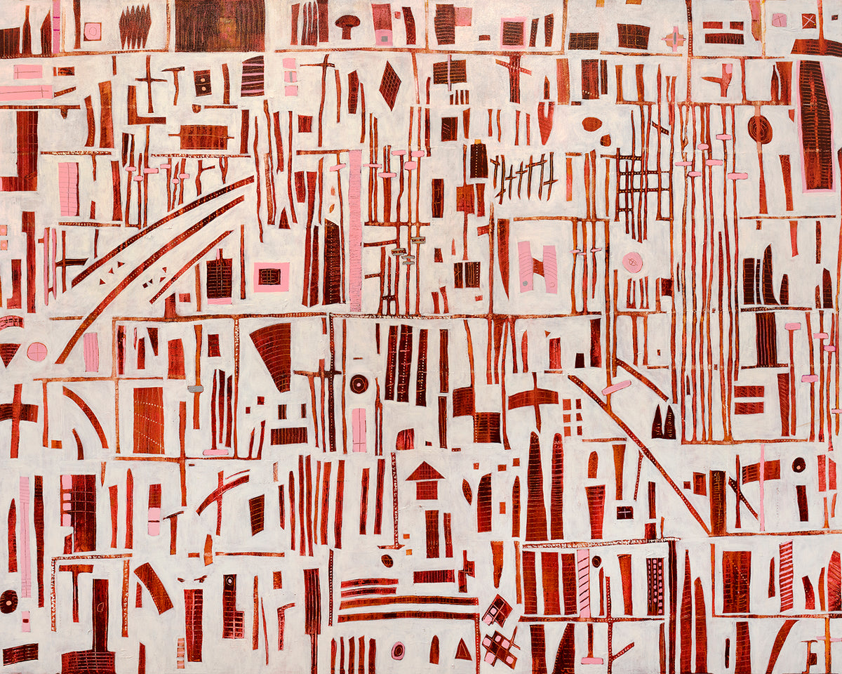 A red, pink and white abstract print by Sofie Swann.