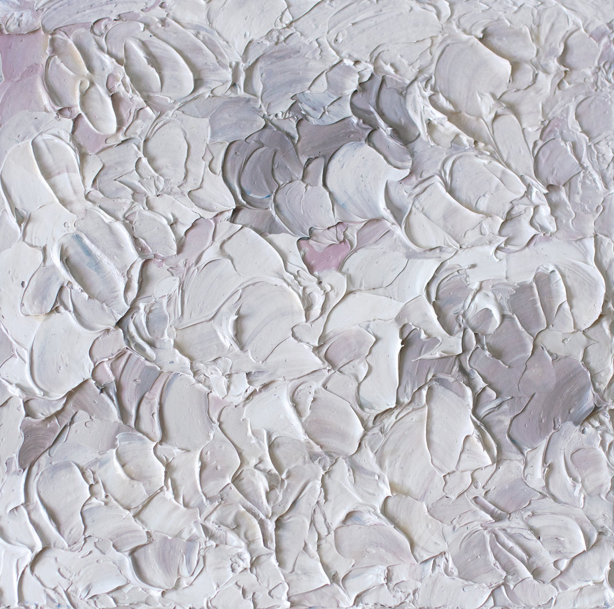 A light pink, white and warm grey impasto abstract painting.