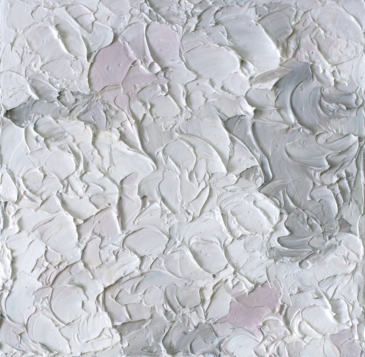 A light pink, white and warm grey impasto abstract painting.