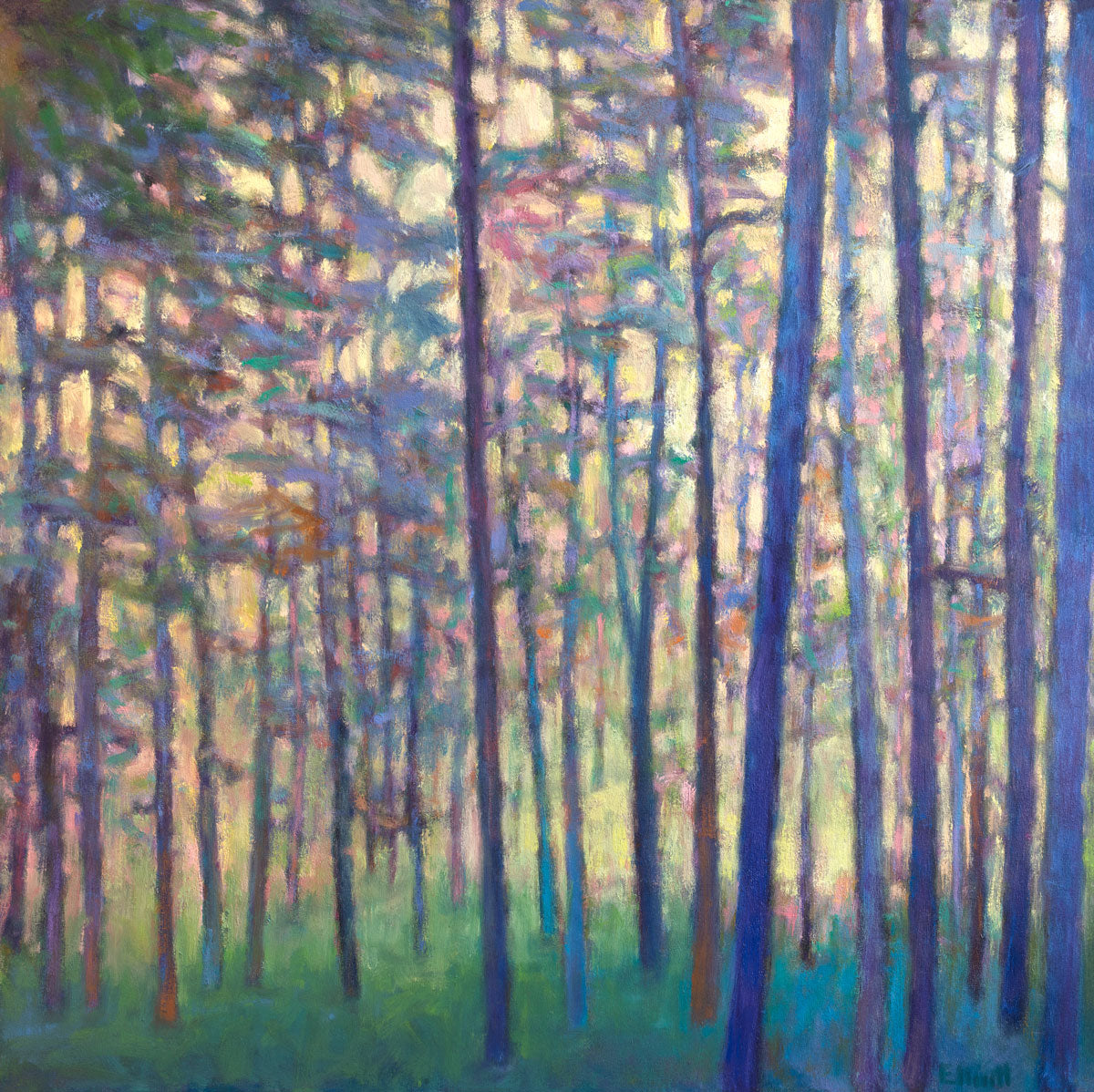 A yellow, green and blue tree landscape print by Ken Elliott.