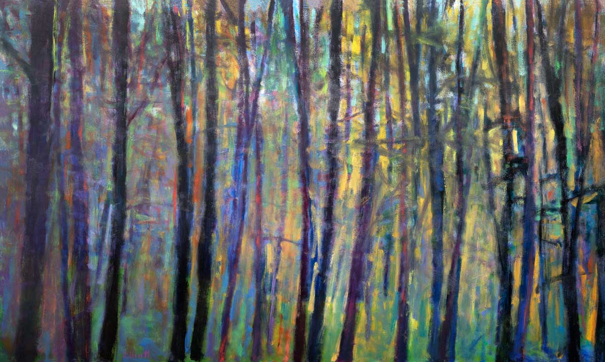 A multicolored abstract tree landscape print by Ken Elliott.