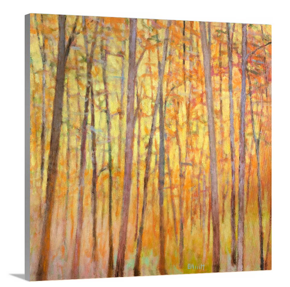 A side view of a yellow and orange impressionistic forest print by Ken Elliott on canvas. 