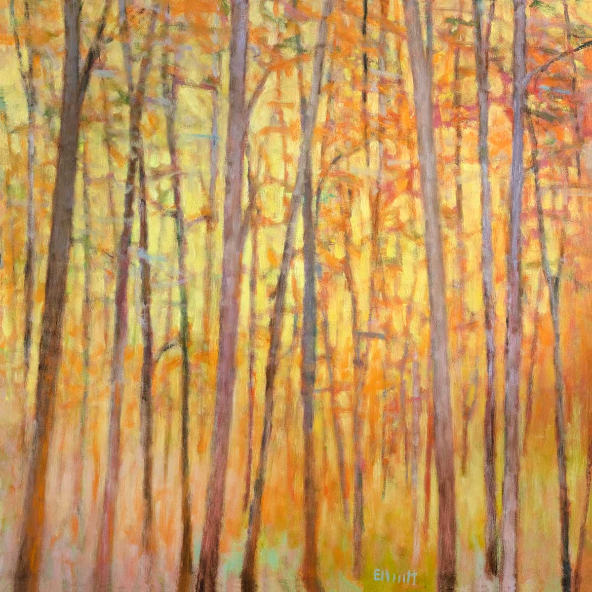 A yellow and orange impressionistic forest print with brown and beige trees by Ken Elliott.