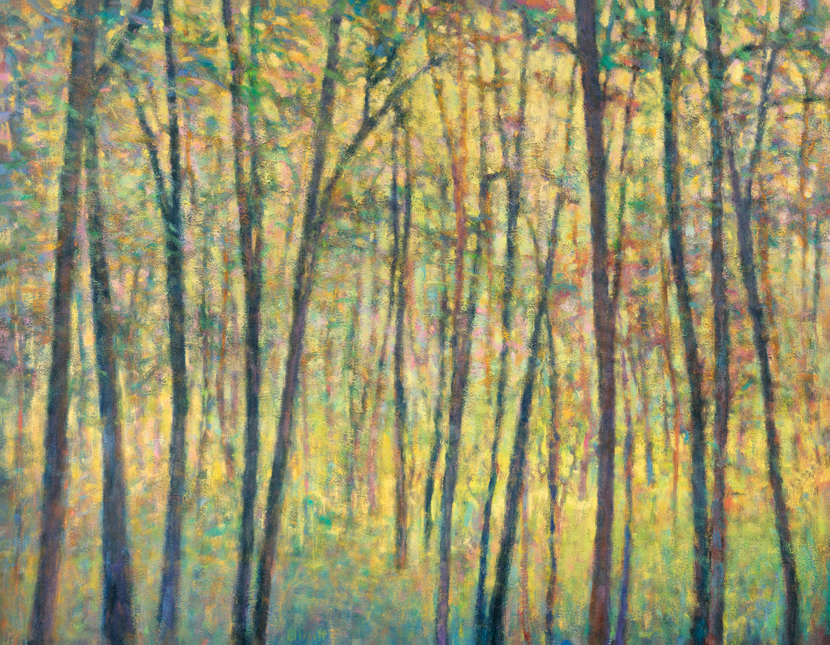 A yellow, brown and green abstract tree landscape print by Ken Elliott.