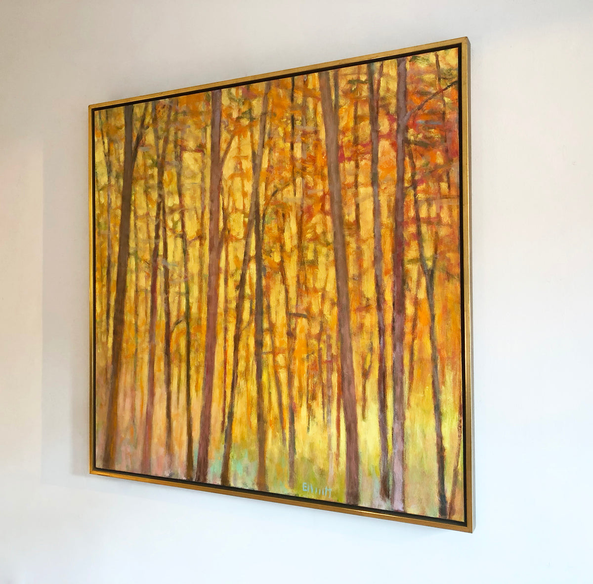 The painting, Saccades XIII by ken Elliott hanging on a white wall in a gold-hued floater frame with a view from the right.