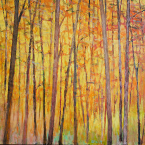 An impressionistic painting of tall brown trees with orange and red leaves and a warm yellow background. 