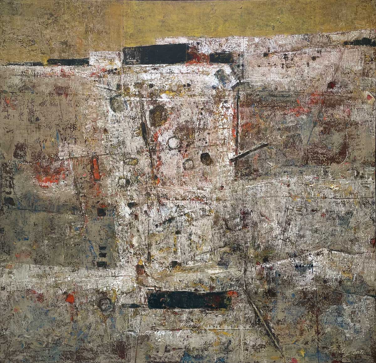 A white and grey abstract painting by Stanley Bate.