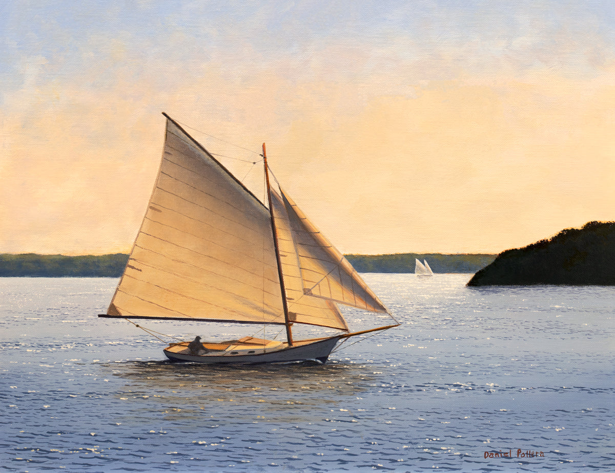 A blue, beige and green seascape print with sailboats by Daniel Pollera.