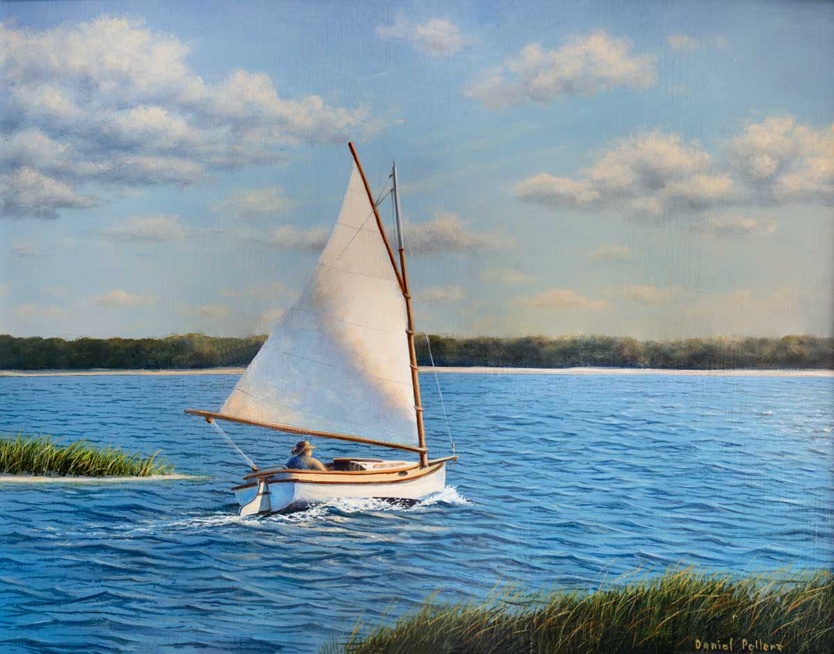 A blue and green realist print of a sailboat on the water surrounded by land masses with trees and grass, a blue sky with clouds in the background.