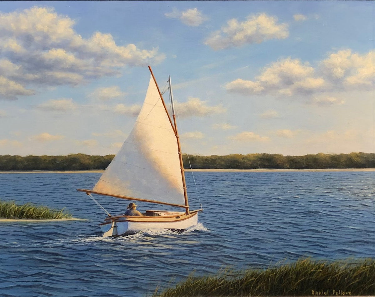 Hand-painted scene of a figure in a sailboat, sailing into the bay with a cloudy, blue sky above. 