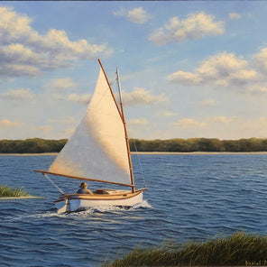 Hand-painted scene of a figure in a sailboat, sailing into the bay with a cloudy, blue sky above. 