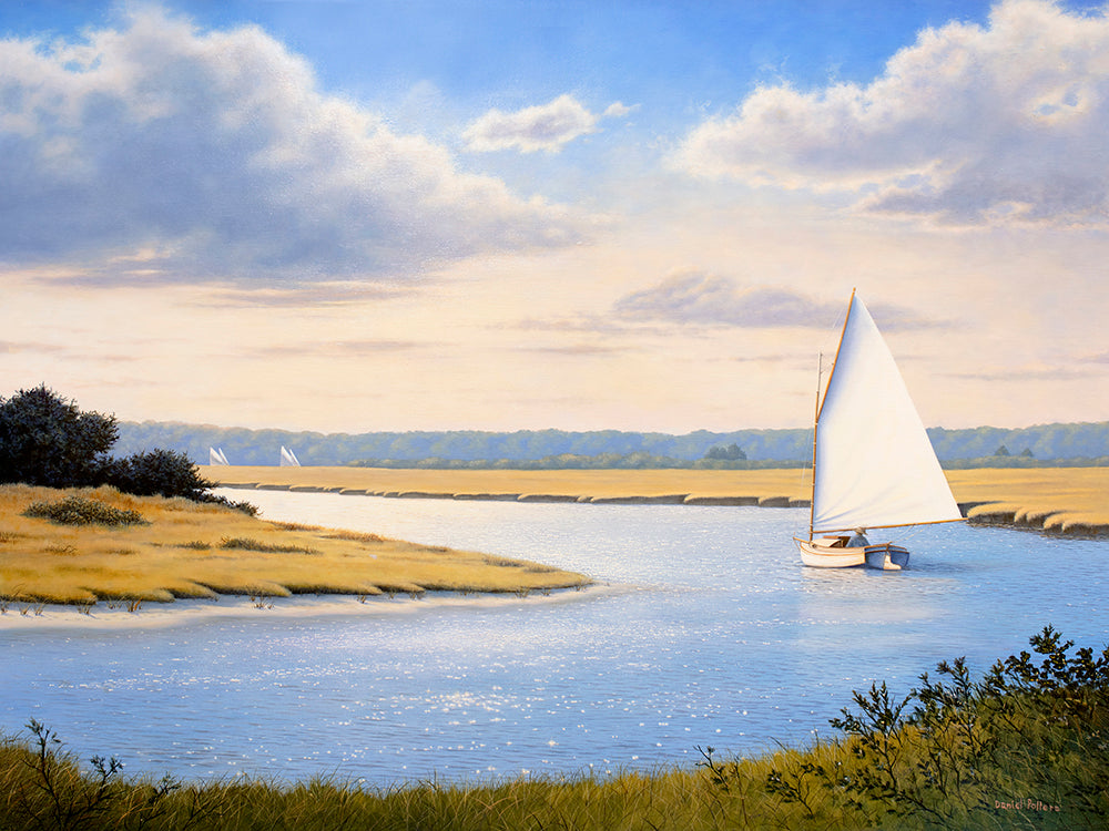 Painting of a sailboat going down a winding river. Off in the distance you can see the tops of other sailboats in front of the tree line. The light from the sun is beating  down onto the water and glittering in the ripples. 