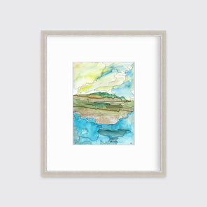 A blue, green, brown and light yellow abstract landscape with black outlines print in a silver frame with a mat hangs on a white wall.