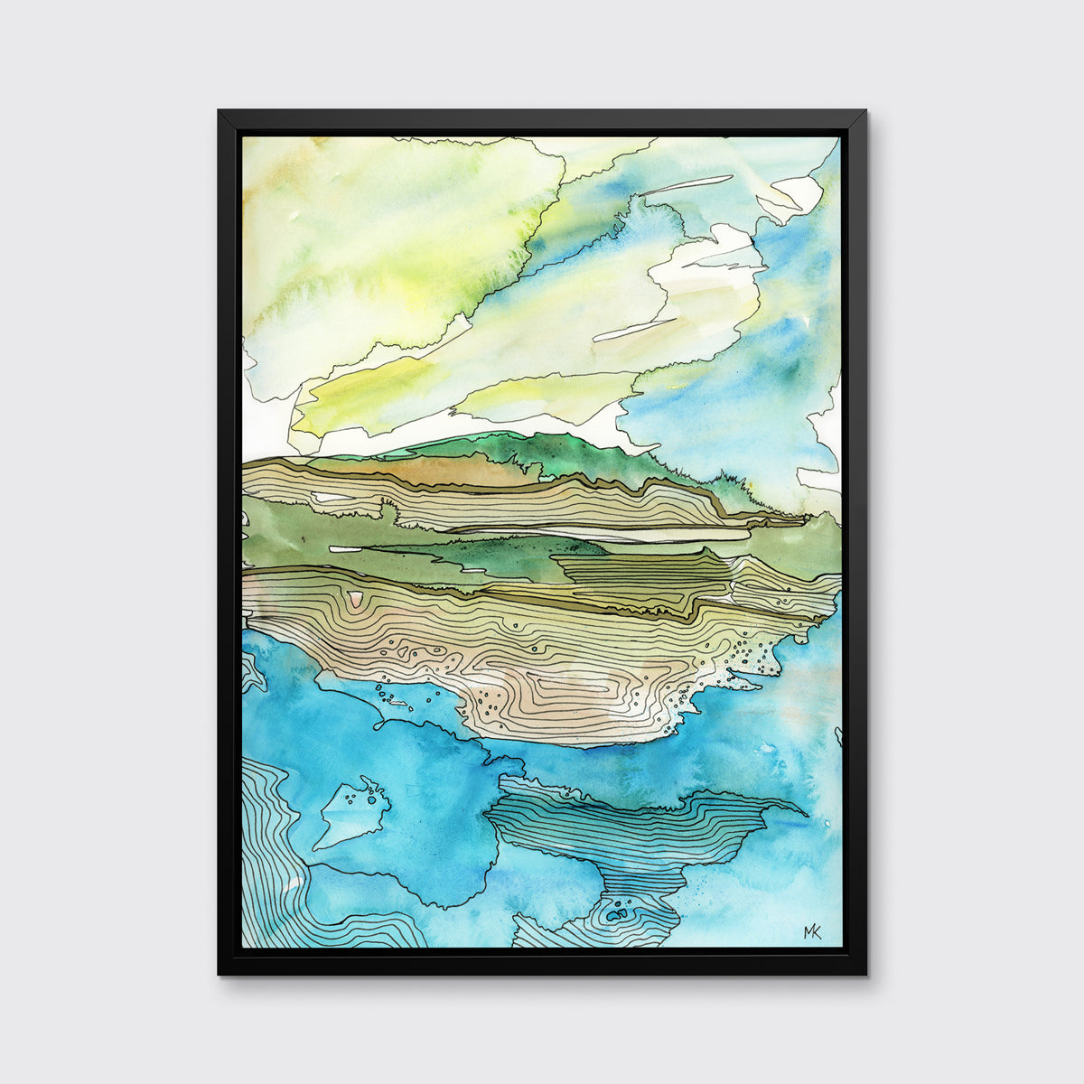 A blue, green, brown and light yellow abstract landscape with black outlines print in a black floater frame hangs on a white wall.