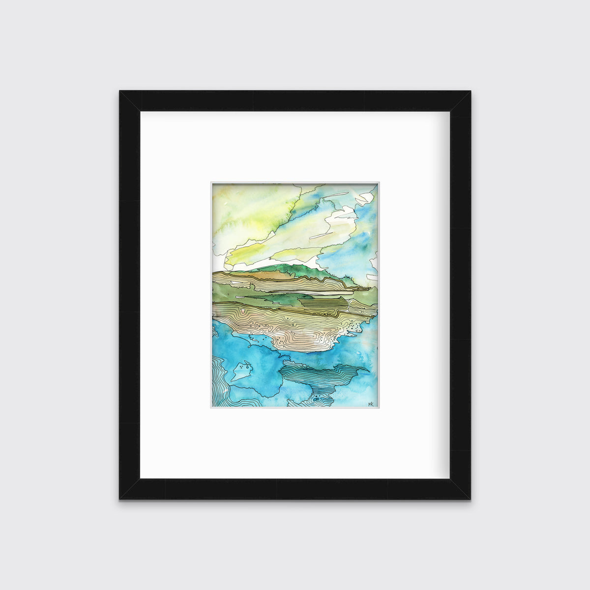 A blue, green, brown and light yellow abstract landscape with black outlines print in a black frame with a mat hangs on a white wall.