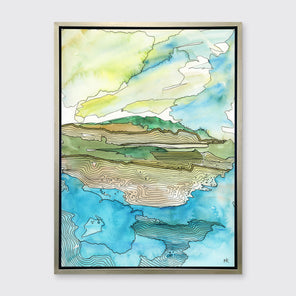 A blue, green, brown and light yellow abstract landscape with black outlines print in a silver floater frame hangs on a white wall.