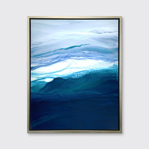 A blue, teal, lavender and white abstract print in a silver floater frame hangs on a white wall.