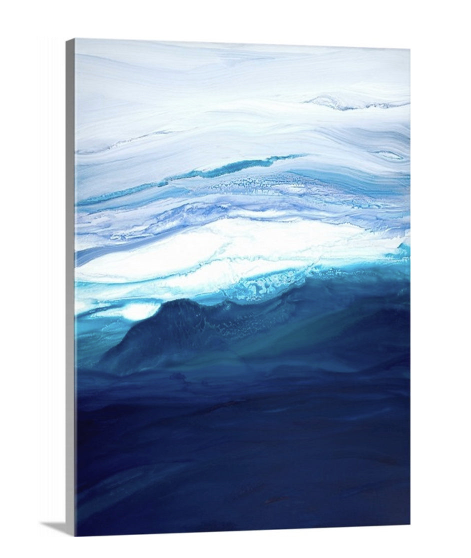 A side-angle view of a blue, teal, lavender and white abstract print on canvas.