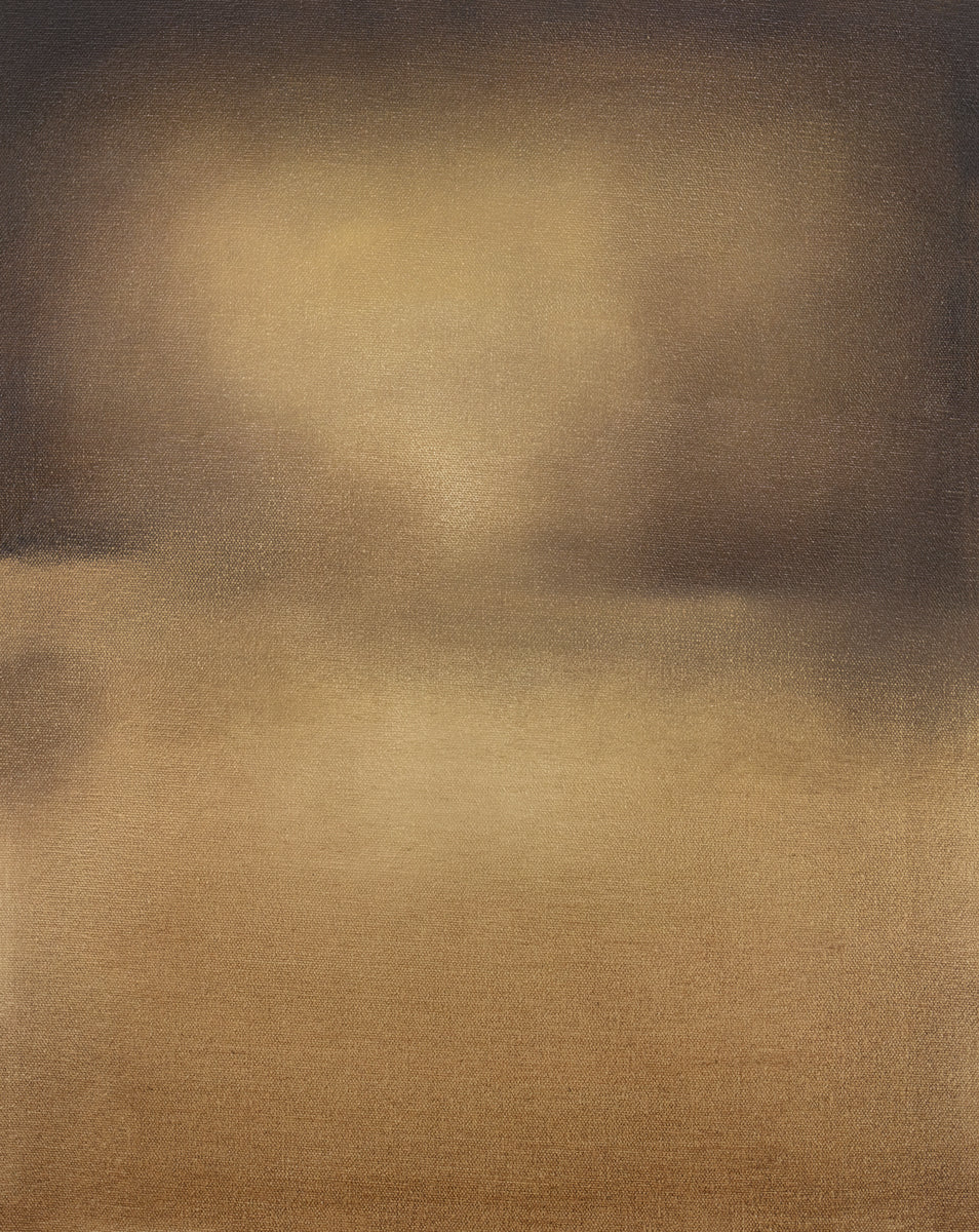 A brown, beige and goldenrod abstract painting by Tony Iadicicco.