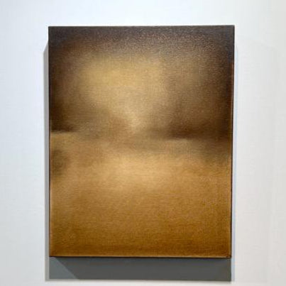 A brown, beige and goldenrod abstract painting by Tony Iadicicco hangs on a white wall.