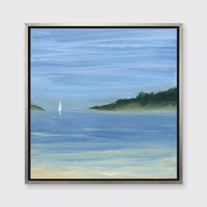 A blue, green and white abstract seascape print with a small sailboat in a silver floater frame hangs on a white wall.