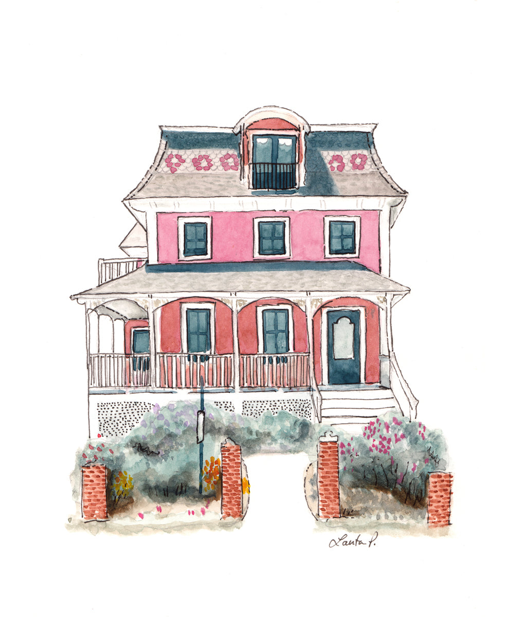 A pink, beige, red and slate blue illustration drawing of a house by Laerta Premto.