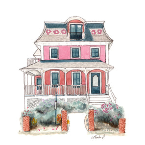 A pink, beige, red and slate blue illustration drawing of a house by Laerta Premto.