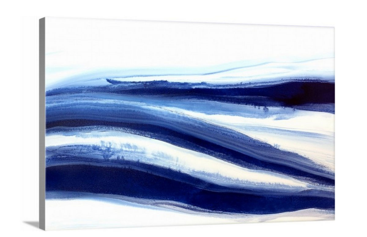 A side-angle view of a dark blue and white abstract print on canvas.