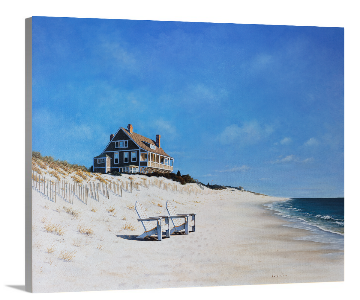 A side-angle view of a contemporary seaside print on canvas.