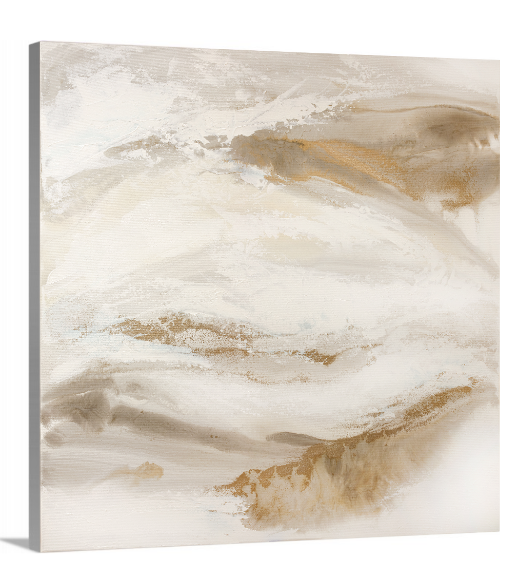 A side-angle view of a gold, silver, white and beige abstract print on canvas.