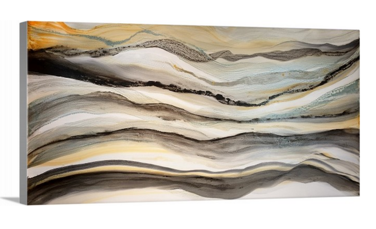 A side-angle view of a black, white, orange and teal abstract print on canvas.