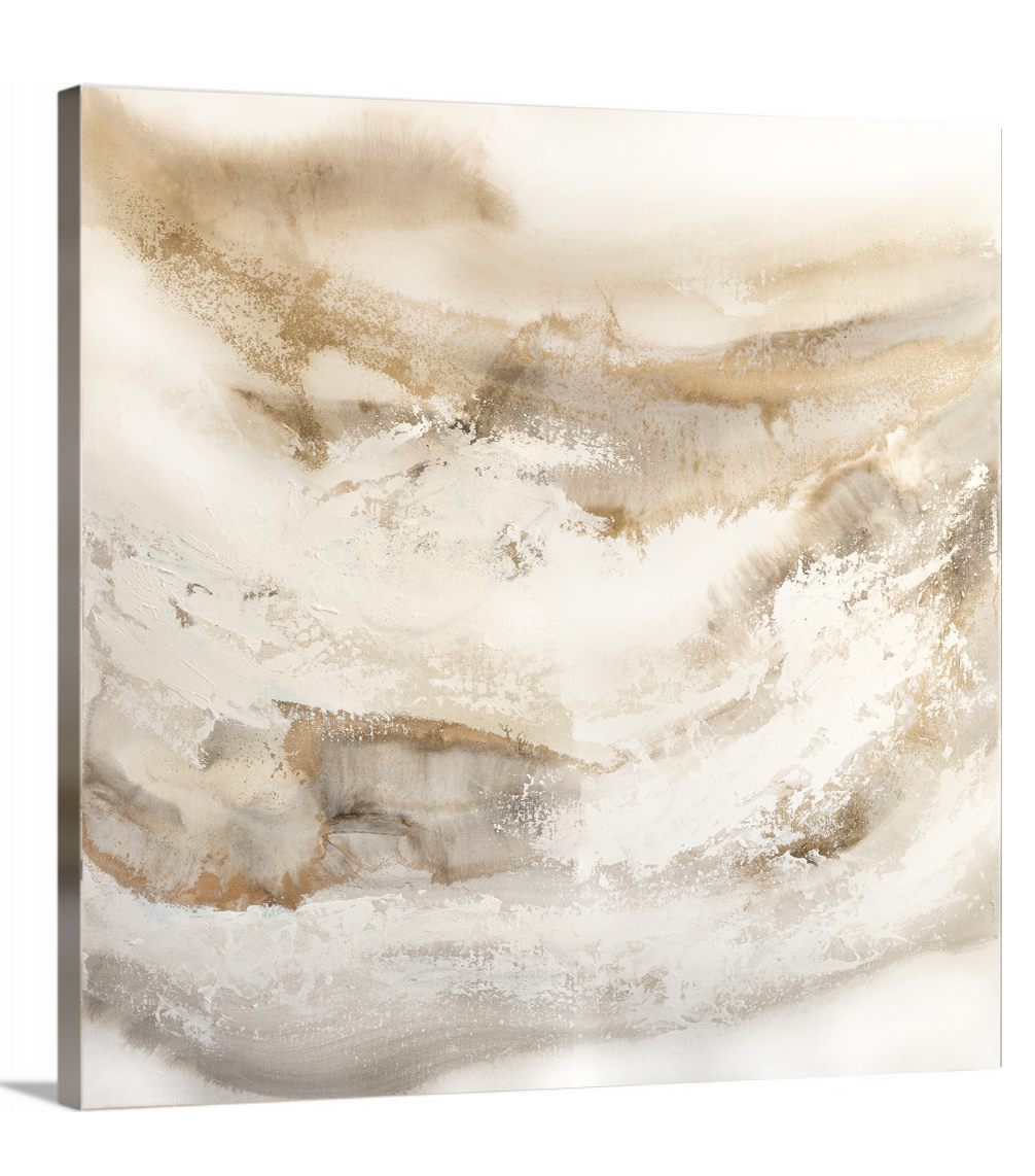 A side-angle view of a gold, silver, white and beige abstract print on canvas.