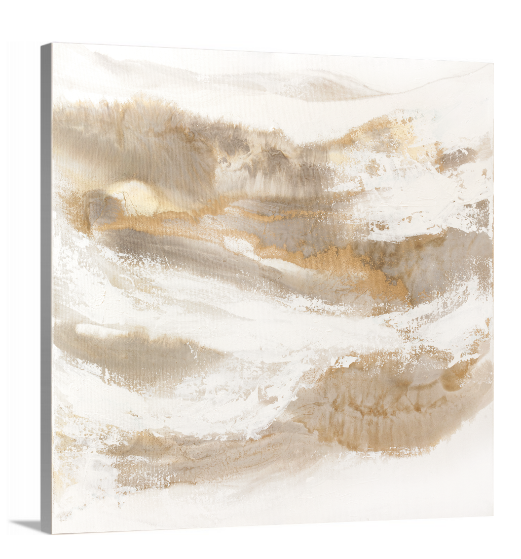 A side-angle view of a gold, silver, white and beige abstract print on canvas.
