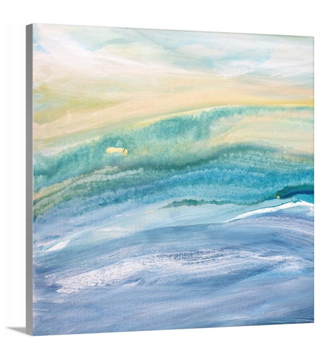 A side-angle view of a blue, teal, yellow and white abstract print on canvas.
