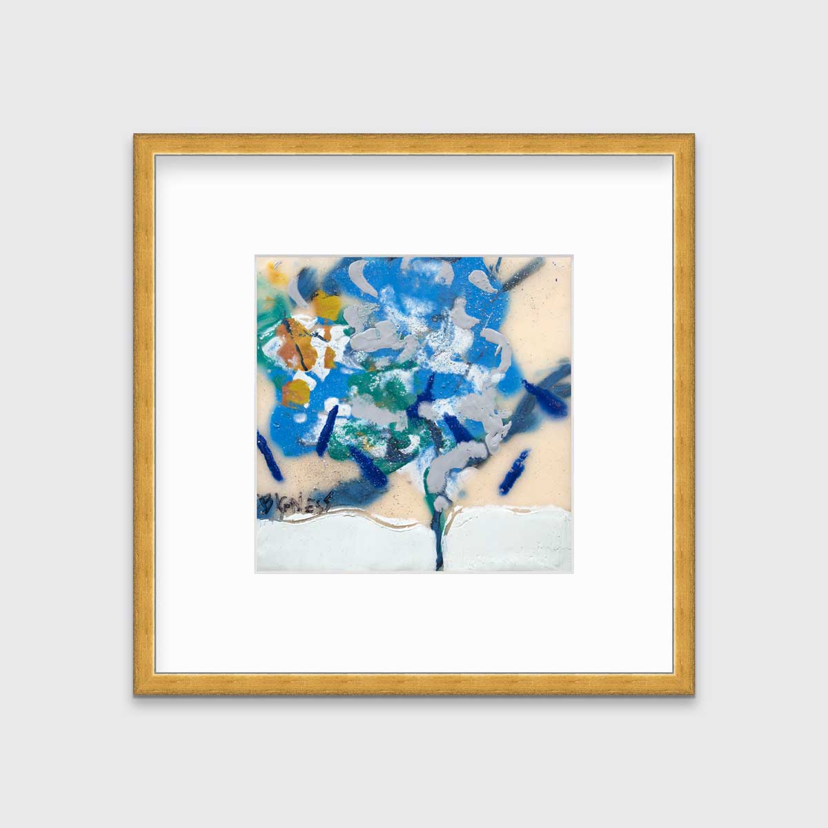 A blue, white, green and orange abstract print in a gold frame with a mat hangs on a white wall.