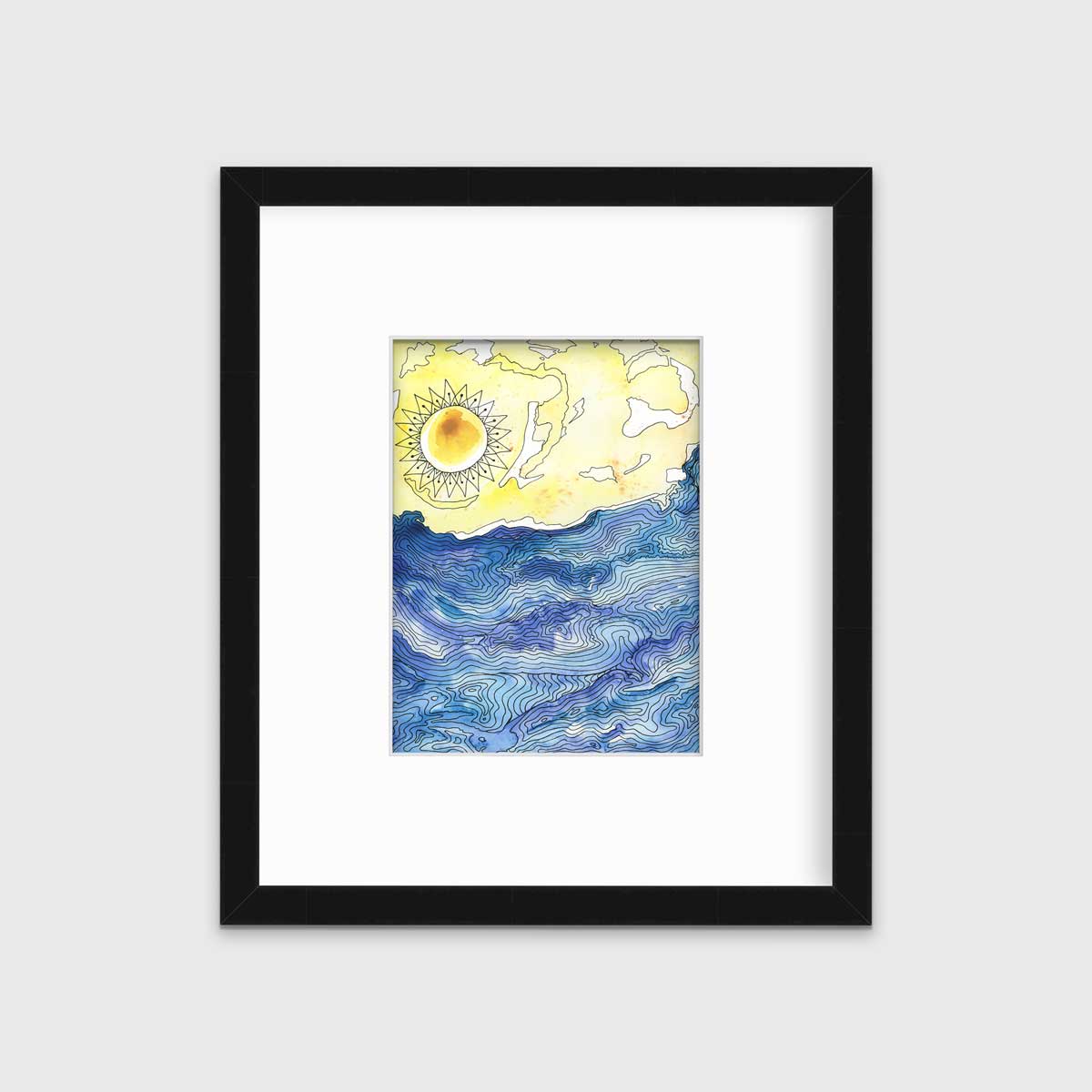 A blue and yellow illustration seascape print in a black frame with a mat hangs on a white wall.