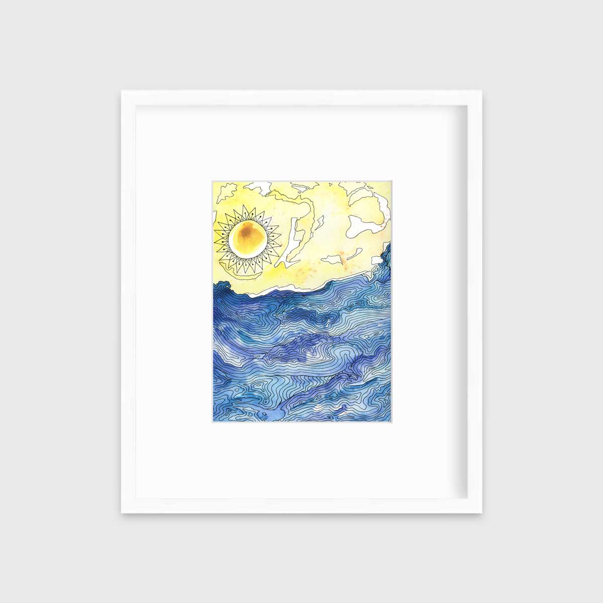 A blue and yellow illustration seascape print in a white frame with a mat hangs on a white wall.