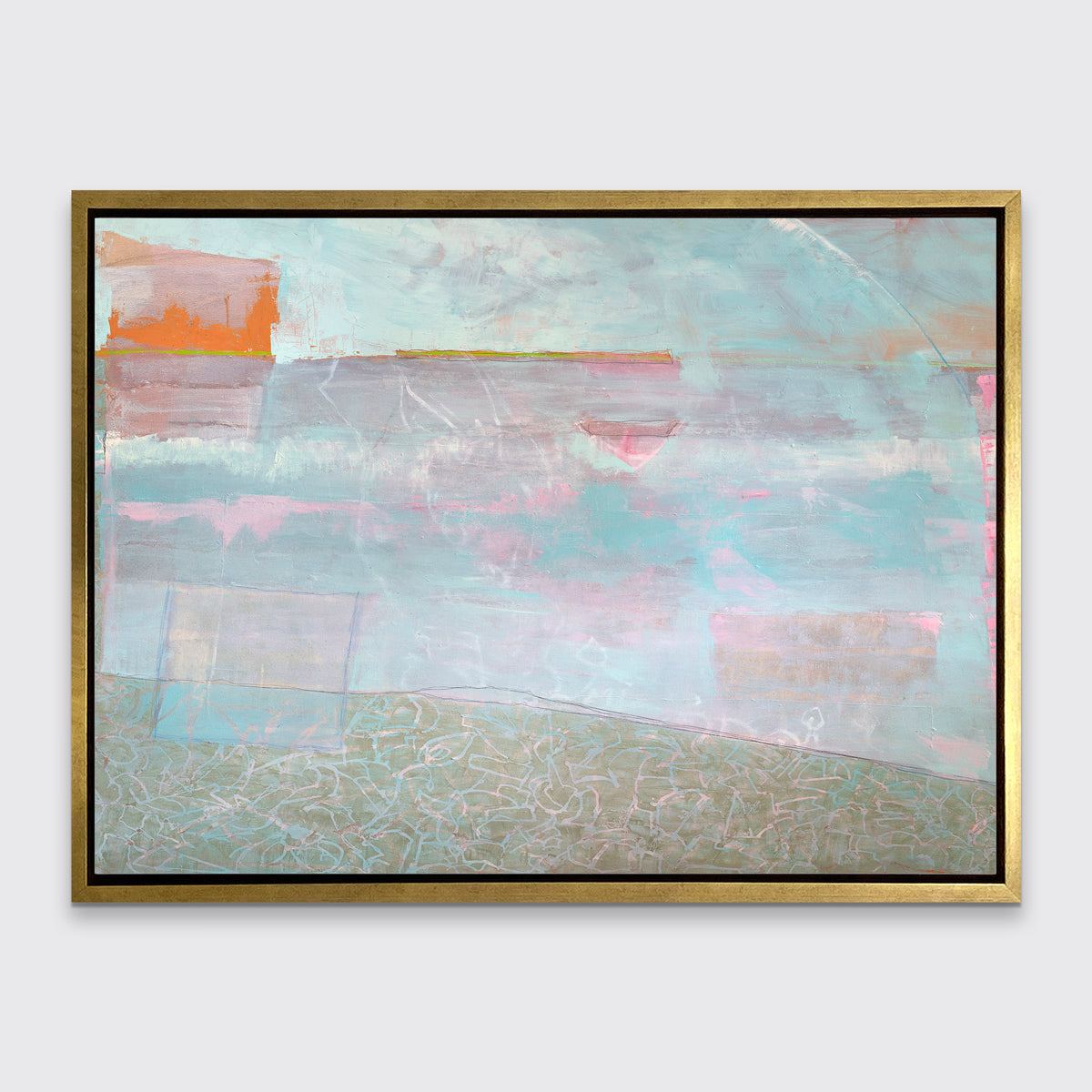 A light blue and pink abstract print in a gold floater frame hangs on a white wall.