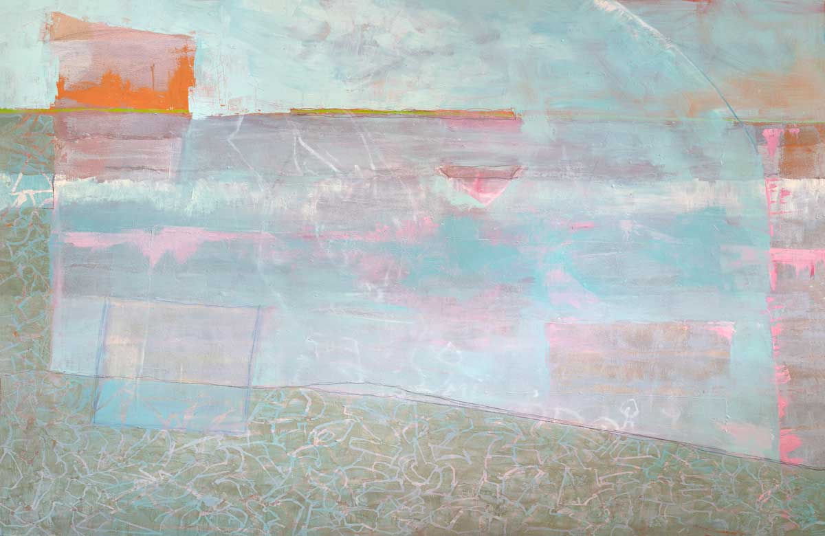A light blue and pink abstract print with orange and green accents by Christine Averill-Green.