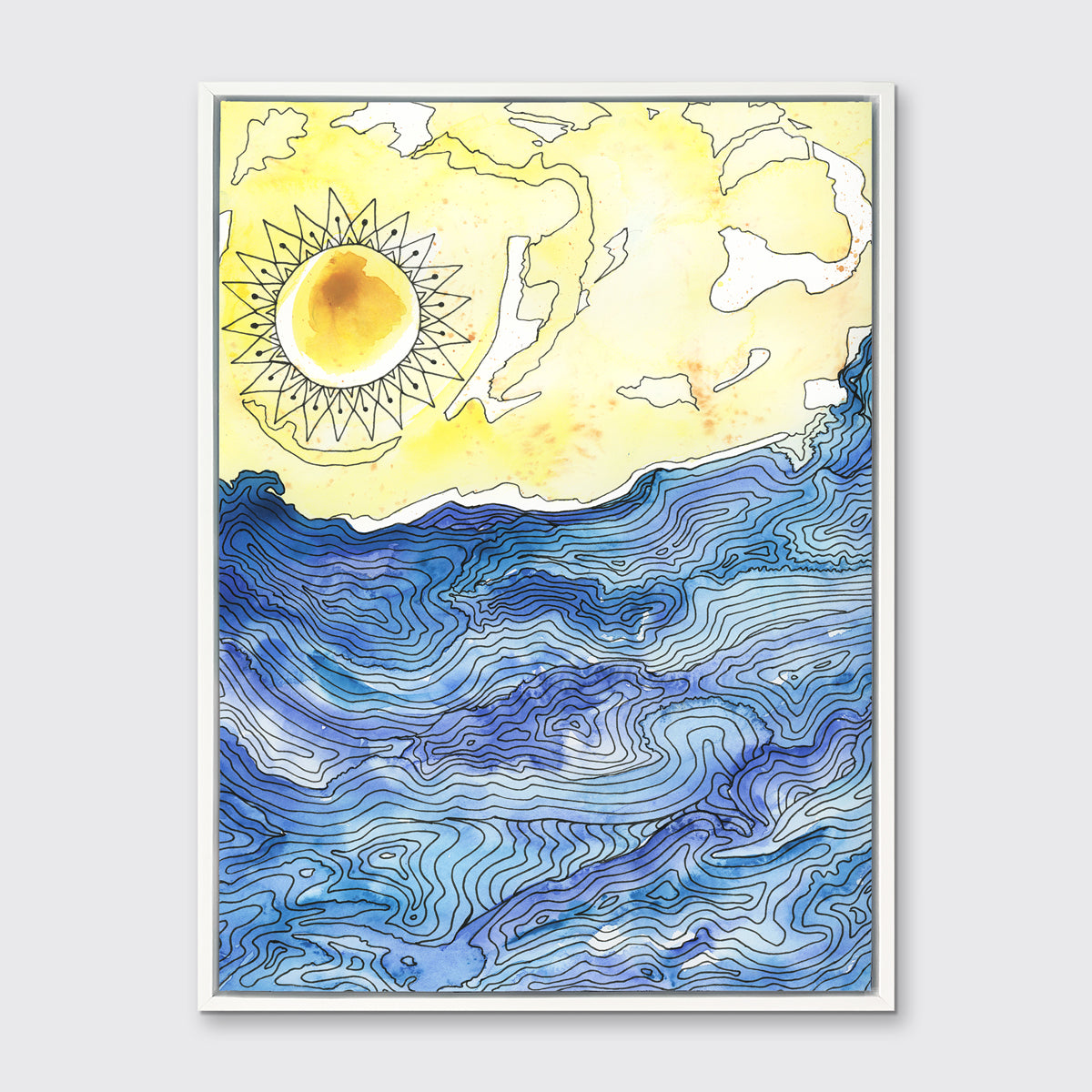 A blue and yellow illustration landscape print framed in a white floater frame hangs on a grey wall.