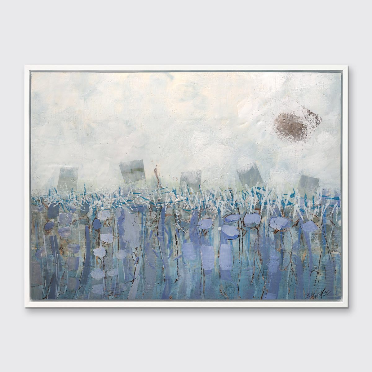 A beige, teal and lavender abstract print in a white floater frame hangs on a white wall.