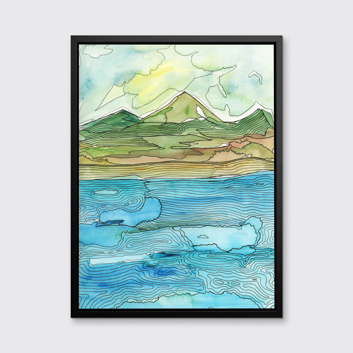 A blue, green, brown and light yellow abstract landscape with black outlines print in a black floater frame hangs on a white wall.