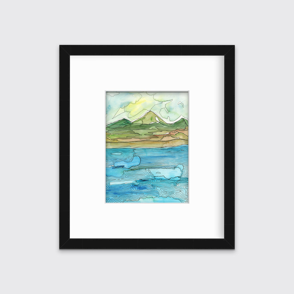 A blue, green, brown and light yellow abstract landscape with black outlines print in a black frame with a mat hangs on a white wall.