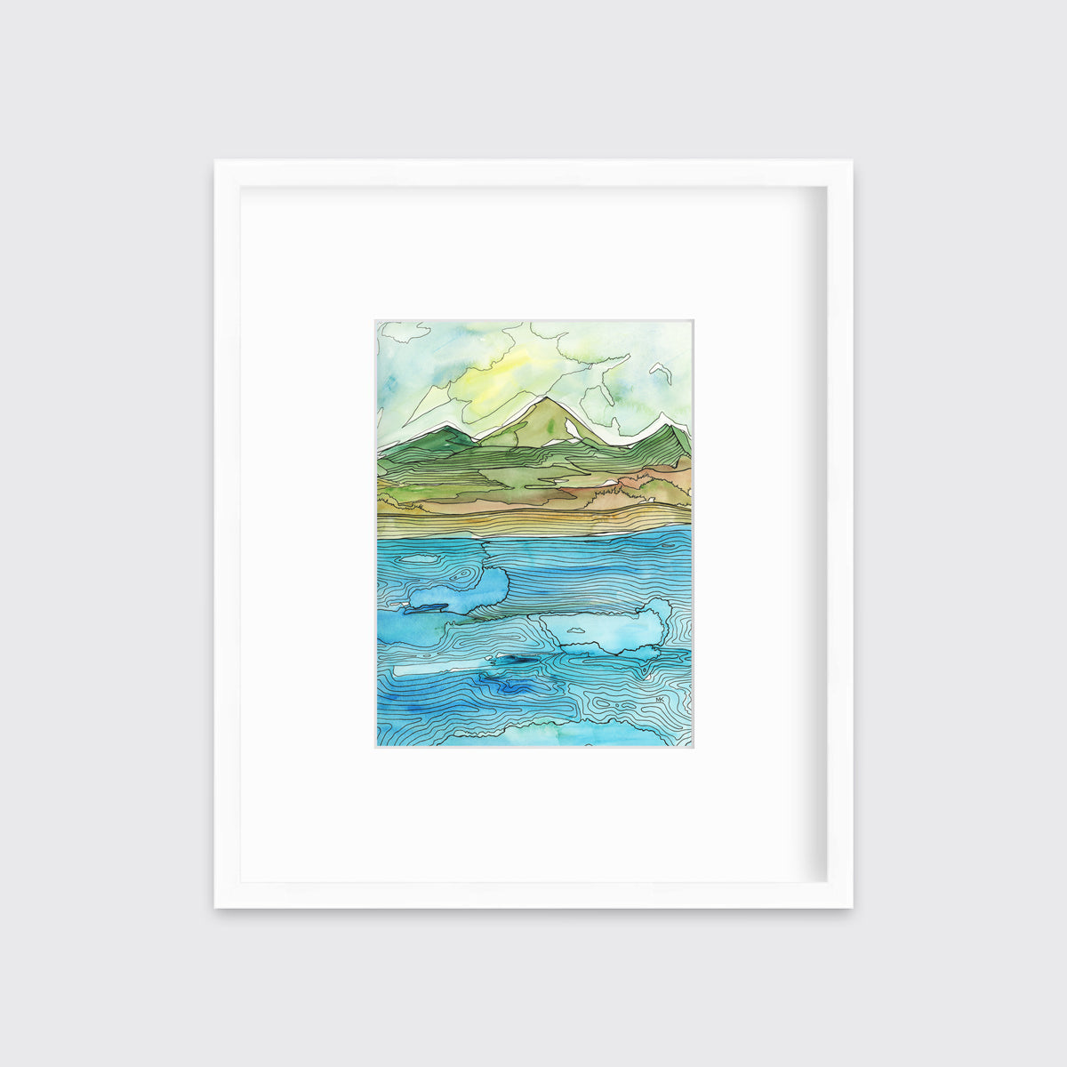 A blue, green, brown and light yellow abstract landscape with black outlines print in a white frame with a mat hangs on a white wall.