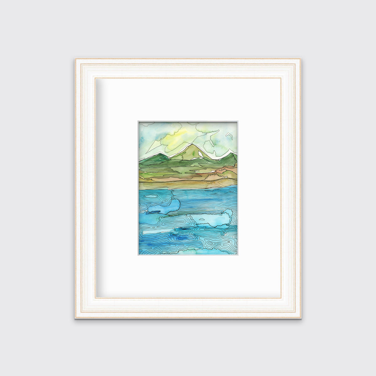 A blue, green, brown and light yellow abstract landscape with black outlines print in a white and gold frame with a mat hangs on a white wall.