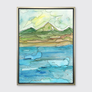 A blue, green, brown and light yellow abstract landscape with black outlines print in a silver floater frame hangs on a white wall.