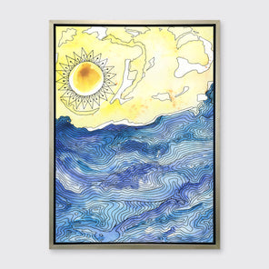 A blue and yellow illustration seascape print framed in a warm silver frame hangs on a light grey wall.