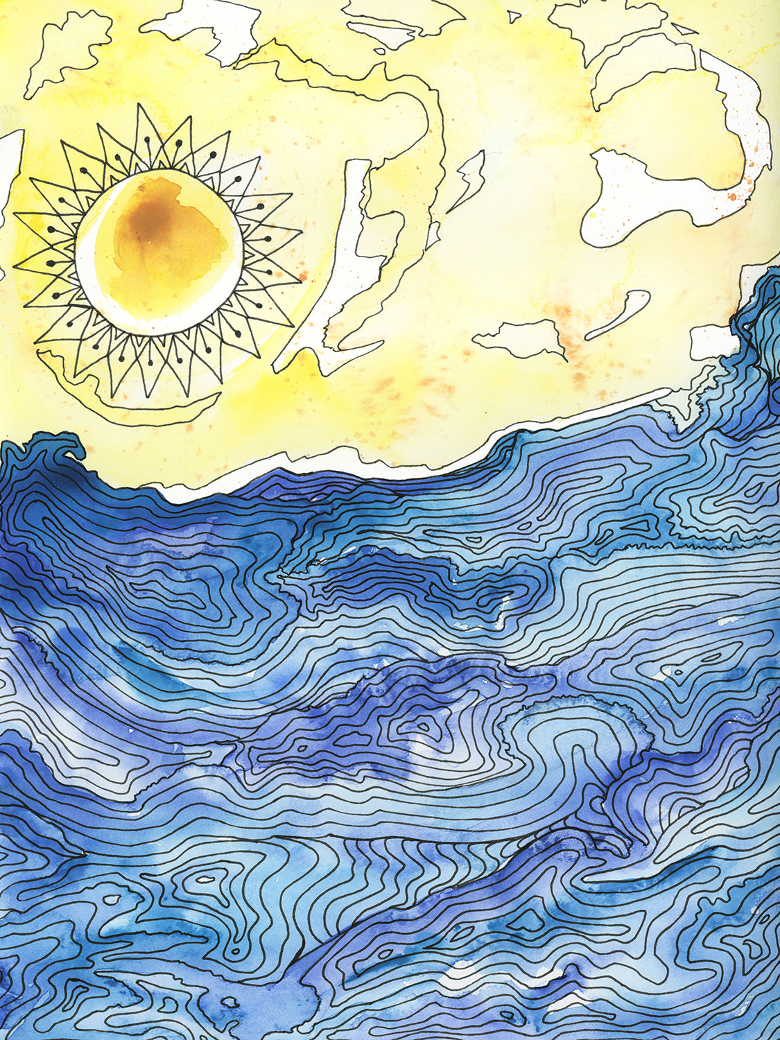 A blue and yellow illustration seascape print by Melissa Kircher.