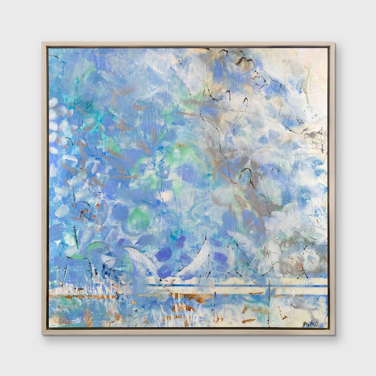 A lavender, blue and cream abstract print in a white oak wood floater frame hangs on a white wall.