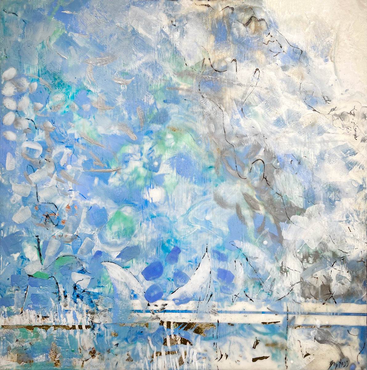 An encaustic painting with blue and turquoise marks. Wired and ready to hang.